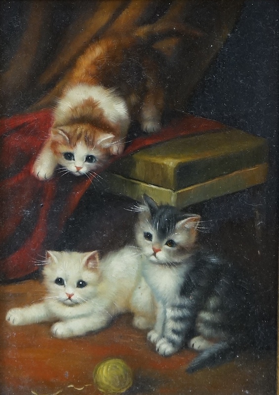 A decorative oil on board, Study of three cats, unsigned, 16 x 11cm, ornate gilt frame. Condition - good